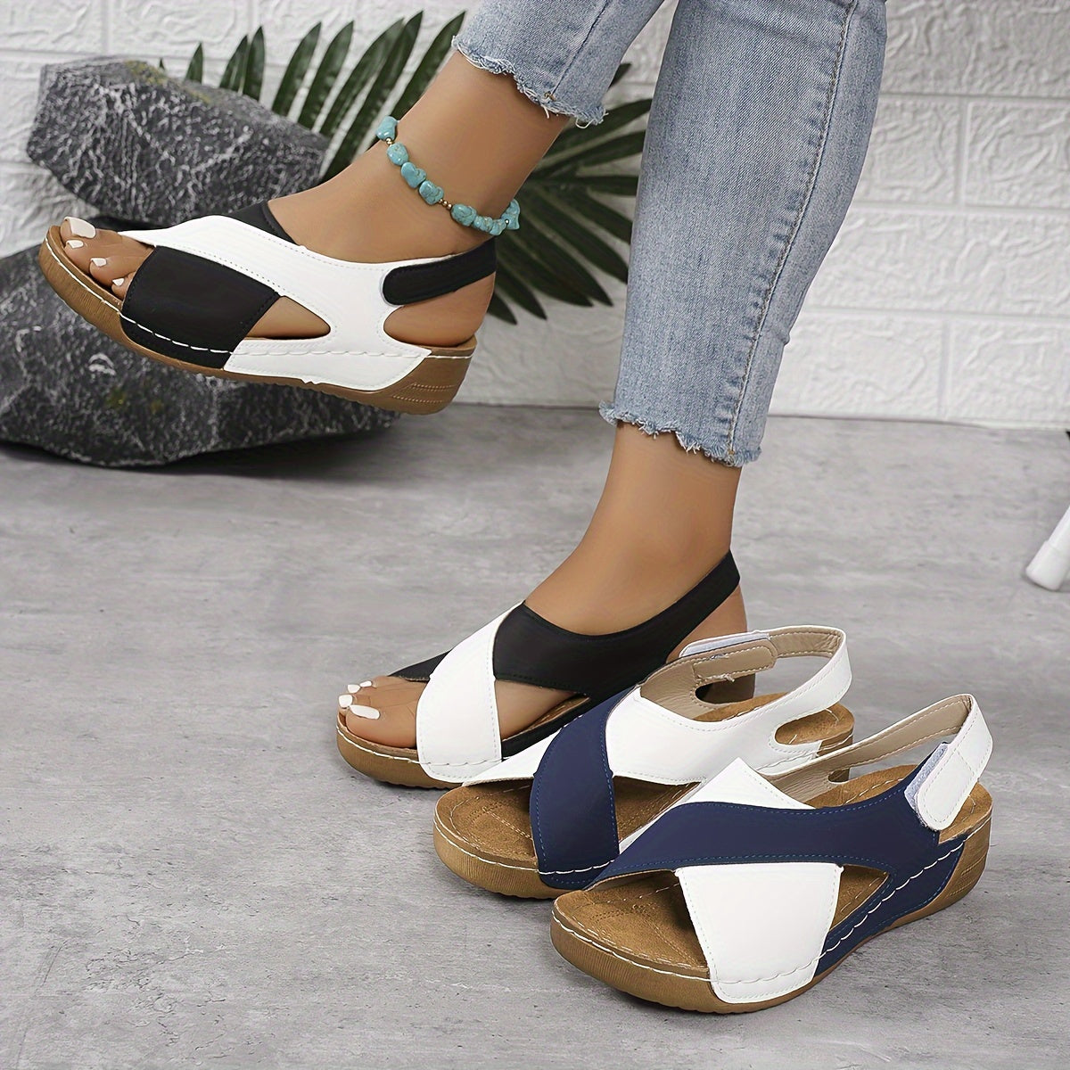 Josela | Women’s Two-Tone Platform Open Toe Sandals with Back Velcro Sling Strap