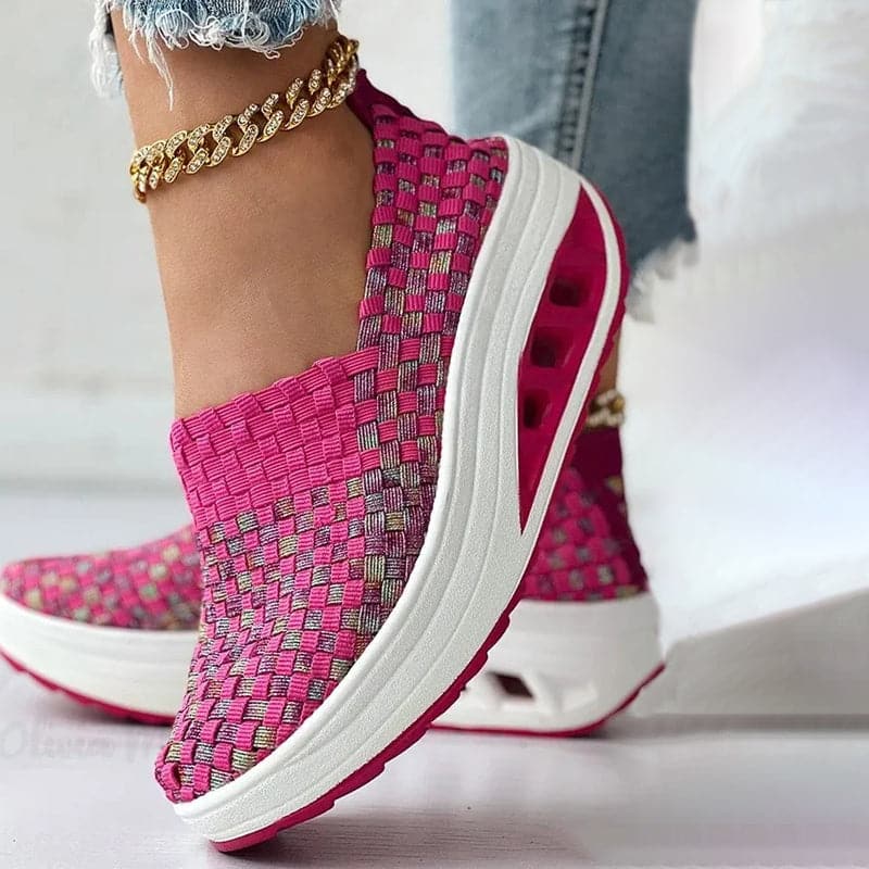 Opaline | Women's Multicolour Woven Slip-On Orthopaedic Sneakers with Slanted Platform Sole