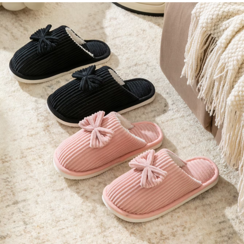 Donna | Women's Lightweight Ribbed Plush House Slippers with Ribbon Decor