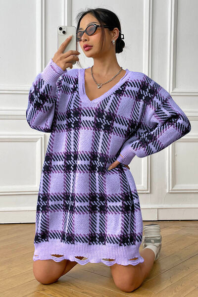 Quindra | Long Knit Sweater with Check Pattern and Relaxed Fit