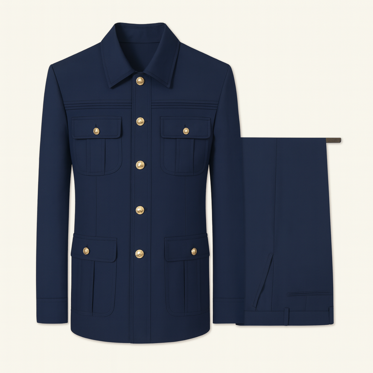 The San Vincenzo Men’s Military Style Suit Set – Slim Fit Blazer &amp; Trousers with Gold Buttons