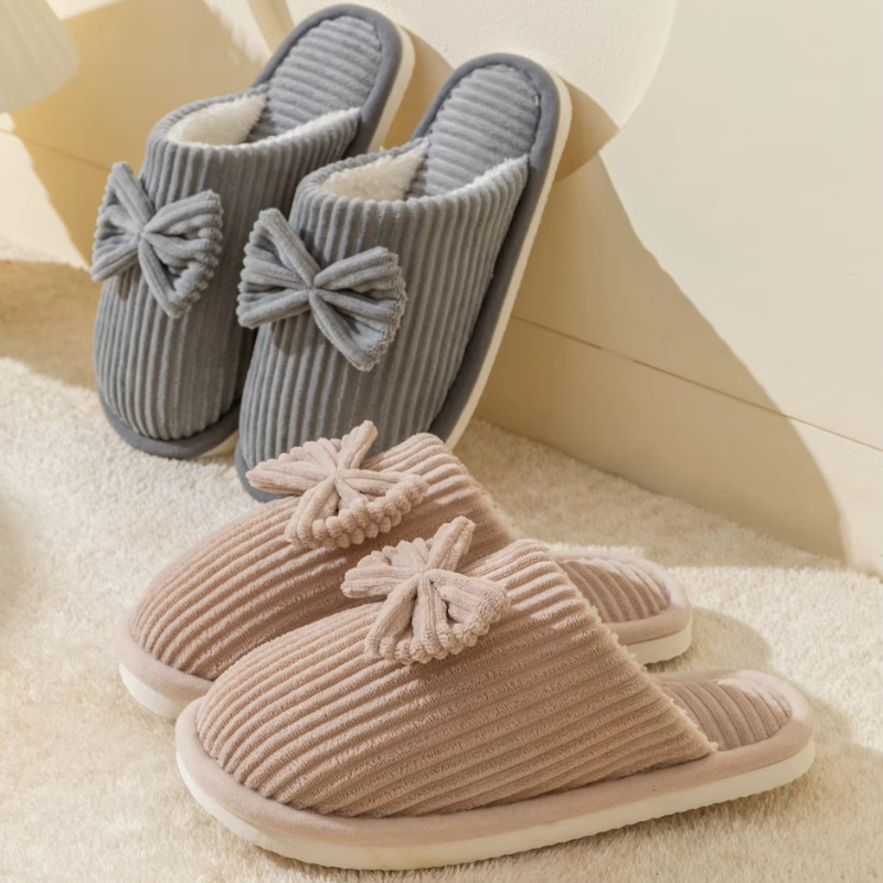 Donna | Women's Lightweight Ribbed Plush House Slippers with Ribbon Decor