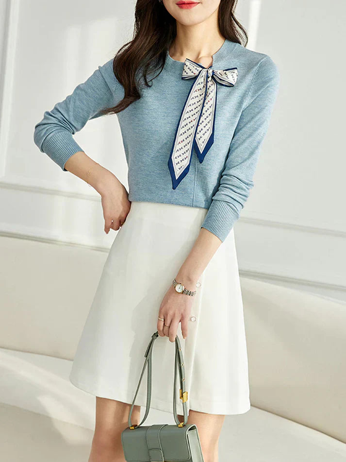 Heike | Women's Elegant Knit Sweater with Silk Scarf Collar Detail