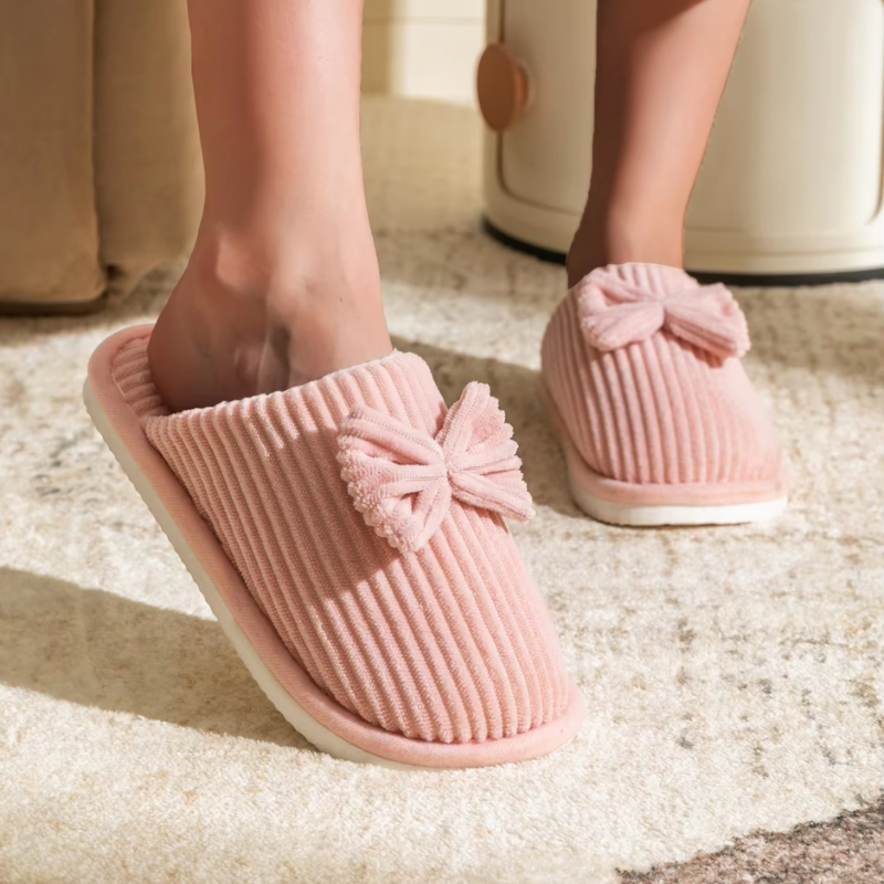 Donna | Women's Lightweight Ribbed Plush House Slippers with Ribbon Decor