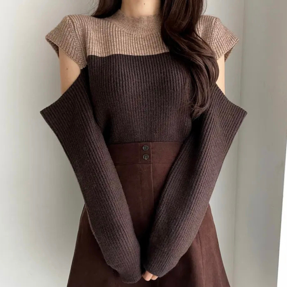 Mallory | Women’s Two-Tone Knitted Sweater with Stylish Cut-Out Sleeves & Round Neck