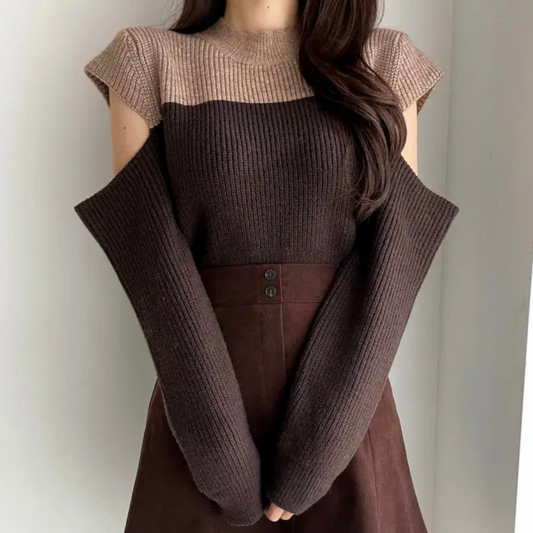 Mallory | Women’s Two-Tone Knitted Sweater with Stylish Cut-Out Sleeves & Round Neck