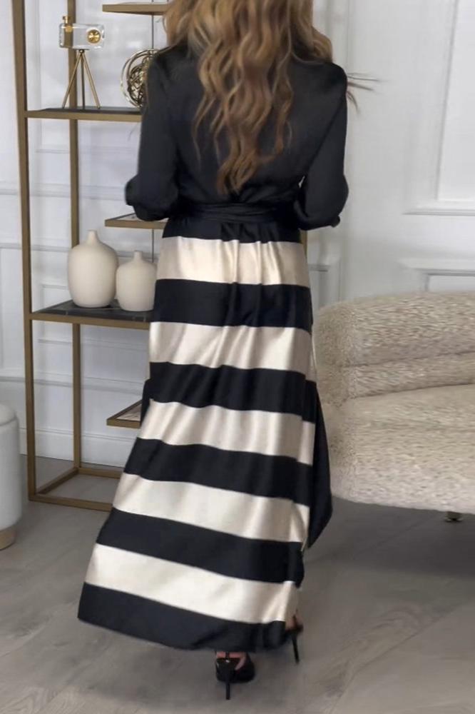 Chrysella | Elegant Striped Buttoned V-Neck Maxi Dress with Belt