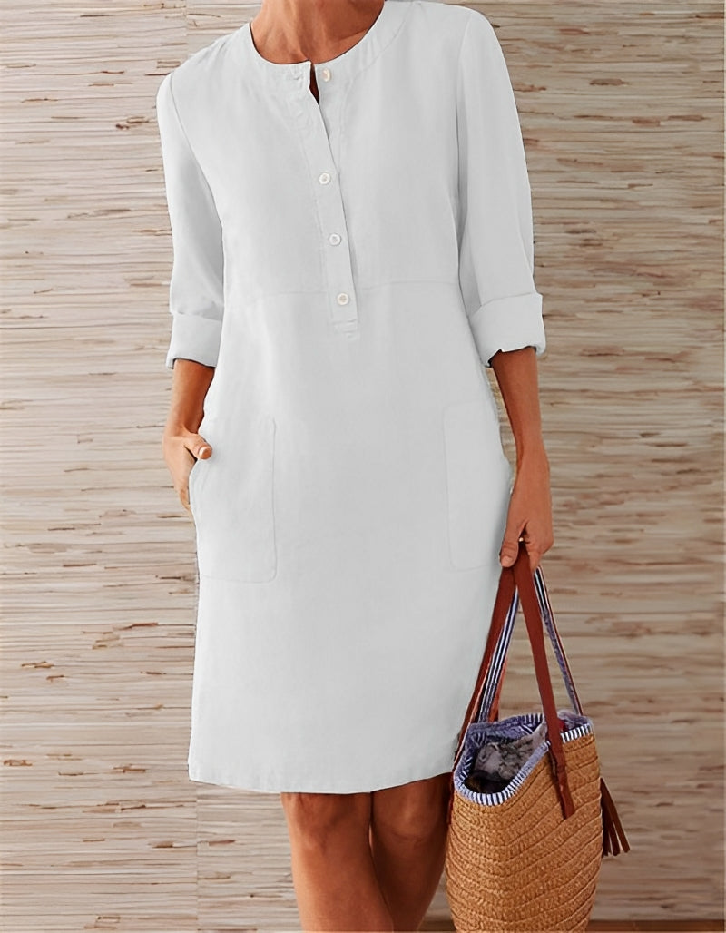 Morwena | Women’s Linen Long Sleeve Casual Dress with Pockets & Button Detail