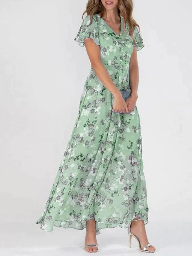 Kitta | Women's Swing Maxi Dress – Floral Chiffon with Short Ruffled Sleeves