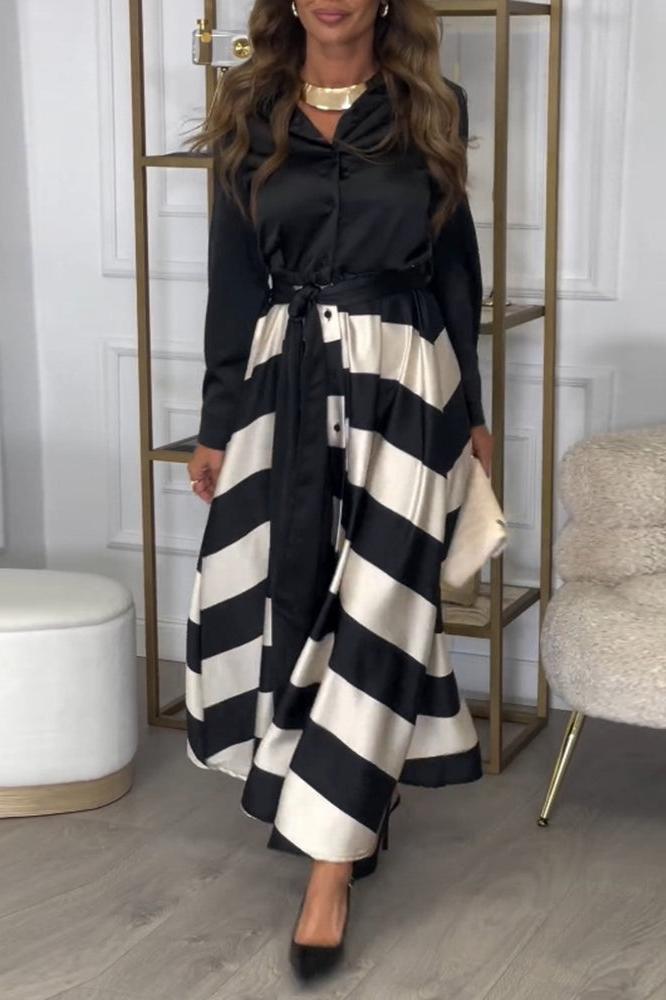 Chrysella | Elegant Striped Buttoned V-Neck Maxi Dress with Belt