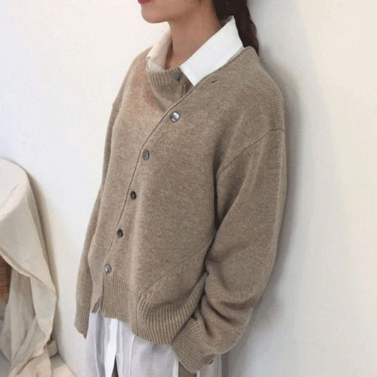 Emerentia | Women's Solid Colour Asymmetrical Button Knitted Cardigan