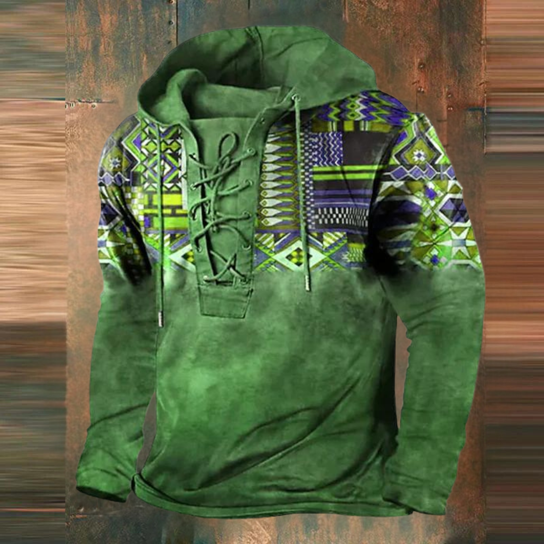Dirken | Men's Vintage Tribal Print Hoodie with Drawstring