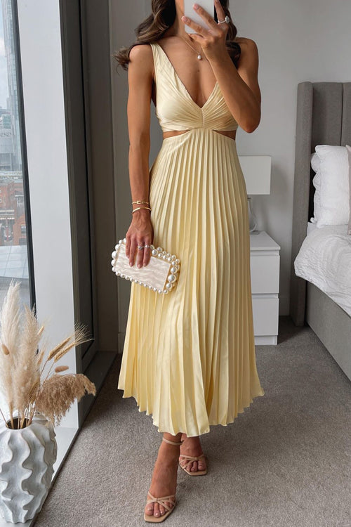 Jemima | Women's Solid Colour Deep V-Neck Pleated Midi Dress – Elegant & Stylish Formal Dress