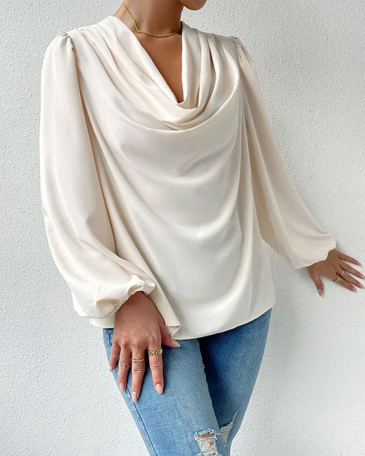 Lysandra | Women’s Drape Collar Lantern Sleeve Blouse – Elegant Loose-Fit Solid Top
