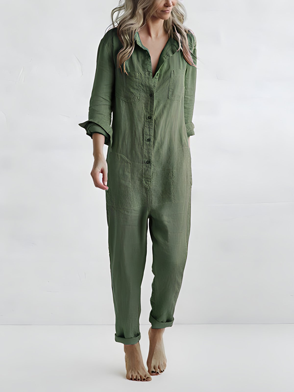 Vivia | Women's Loose Fit Long Sleeve Buttoned Jumpsuit with Chest & Back Pockets