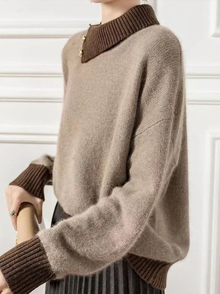 Inguna | Women's Brown Turtleneck Jumper with Button and Contrast Details – Casual Elegance for Any Occasion