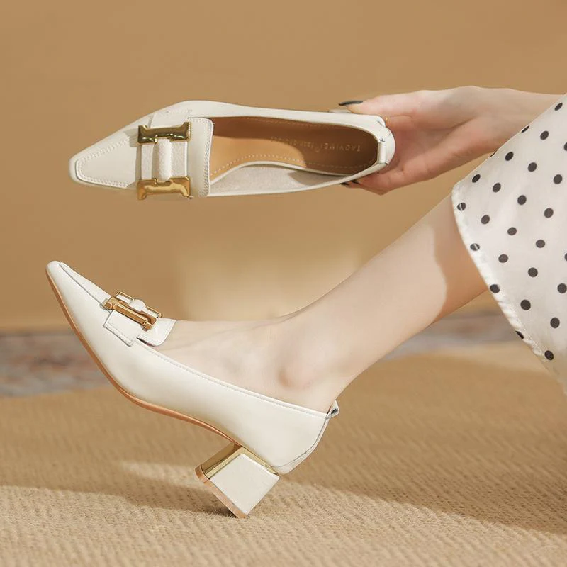 Lunelle | Women’s Pointed Toe Loafer Heels – Elegant Slip-On Block Heels with Metal Detail