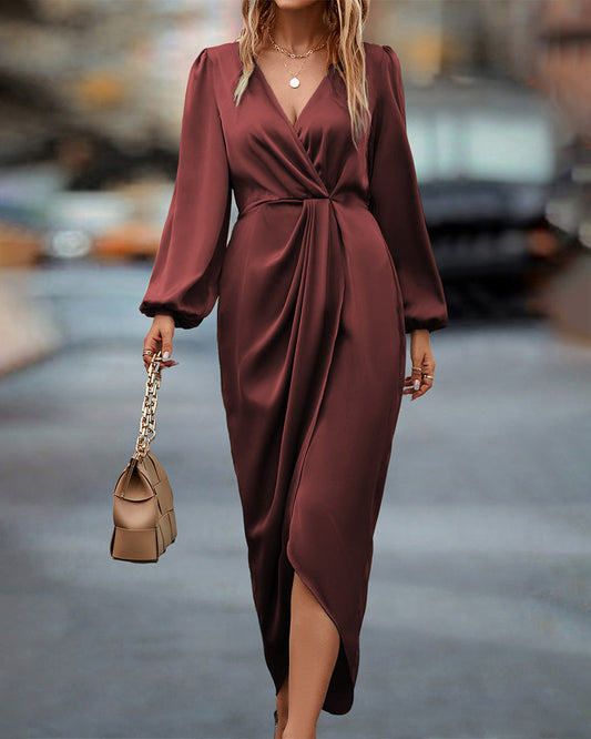 Lowenna | Women's Deep V-Neck Long Lantern Sleeves Wrap Style Maxi Dress – Elegant & Comfortable for Every Occasion