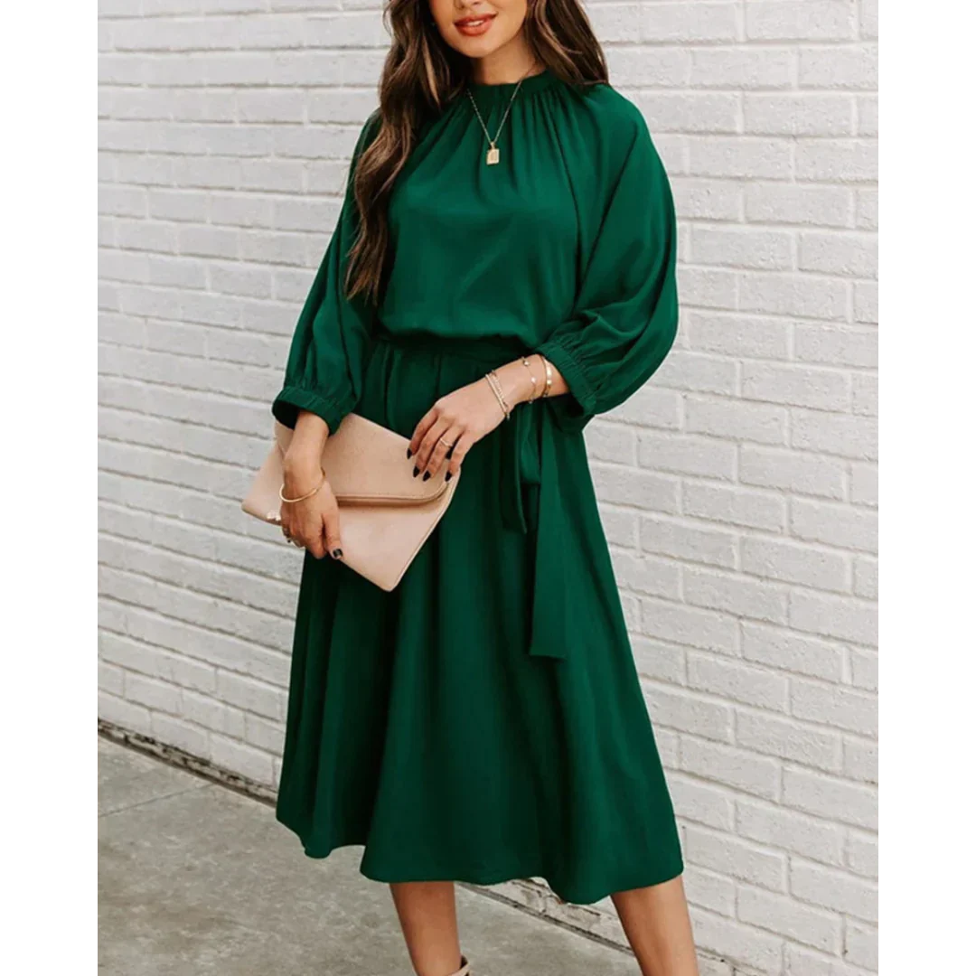 Delaney | Elegant Midi Dress with Tie Waist & Bishop Sleeves