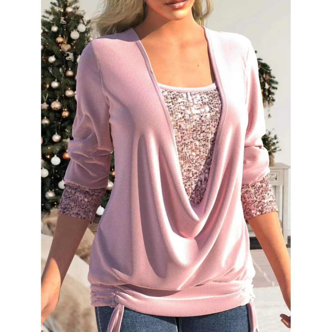 Petronelle | Women’s Elegant Sequin Long Sleeve Blouse with Adjustable Drawstring Hem