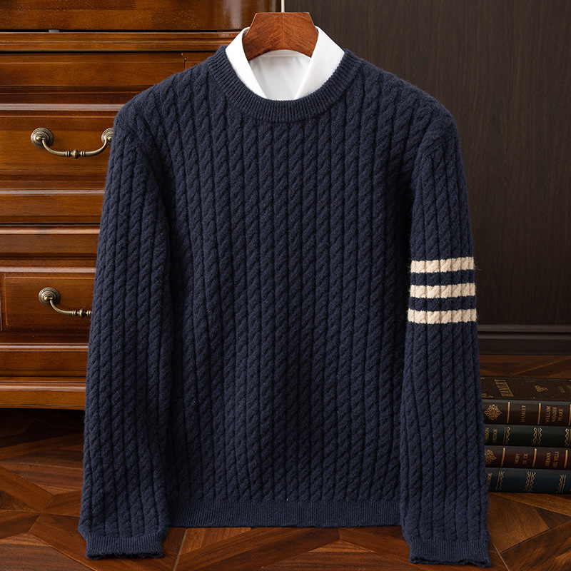 Otteo | Men’s Cable Knit Crewneck Sweater with Sleeve Stripes