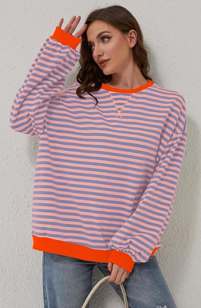 Justine | Women’s Tricolor Striped Oversized Sweatshirt – Casual, Comfortable Style