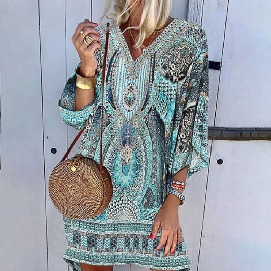 Lara | Women's V Neck Boho Printed Summer Mini Dress – Soft, Stylish & Perfect for Sunny Days