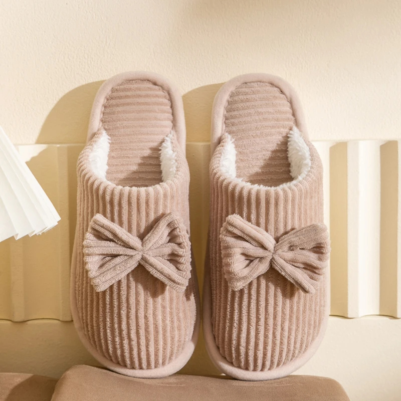 Donna | Women's Lightweight Ribbed Plush House Slippers with Ribbon Decor