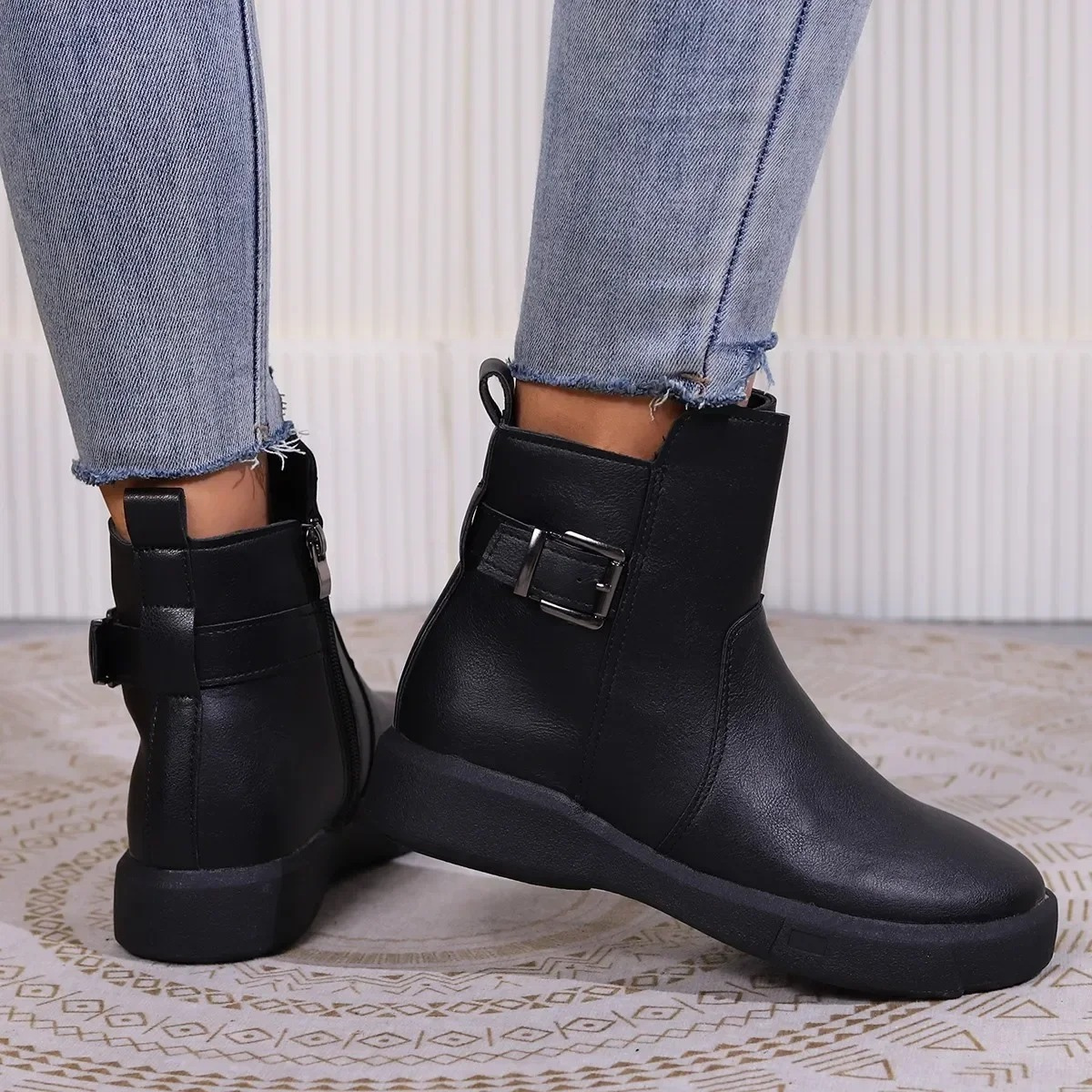 Adelisae | Women's Stylish Ankle Boots with Metal Buckle, Side Zip, and Durable Sole