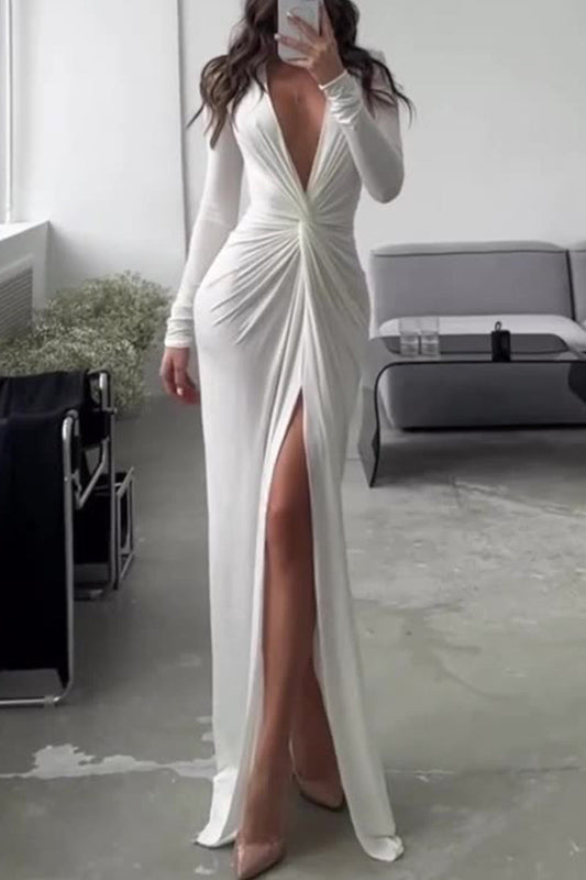 Indi | Elegant Deep V-Neck Bodycon Maxi Dress with High Slit & Cinched Waist