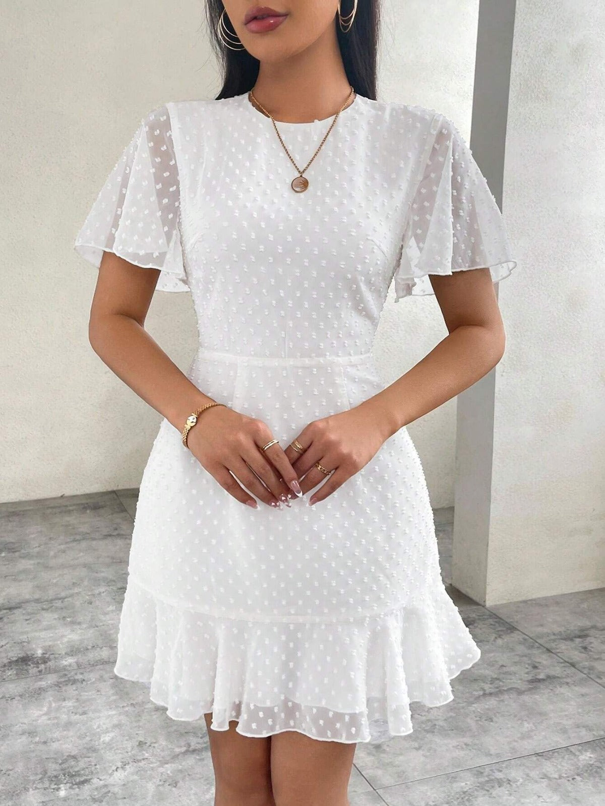 Tavina | Women's Polka Dot Ruffle Trim Mini Dress with Round Neck & Short Sleeves