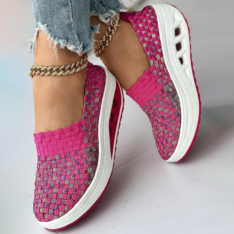 Opaline | Women's Multicolour Woven Slip-On Orthopaedic Sneakers with Slanted Platform Sole