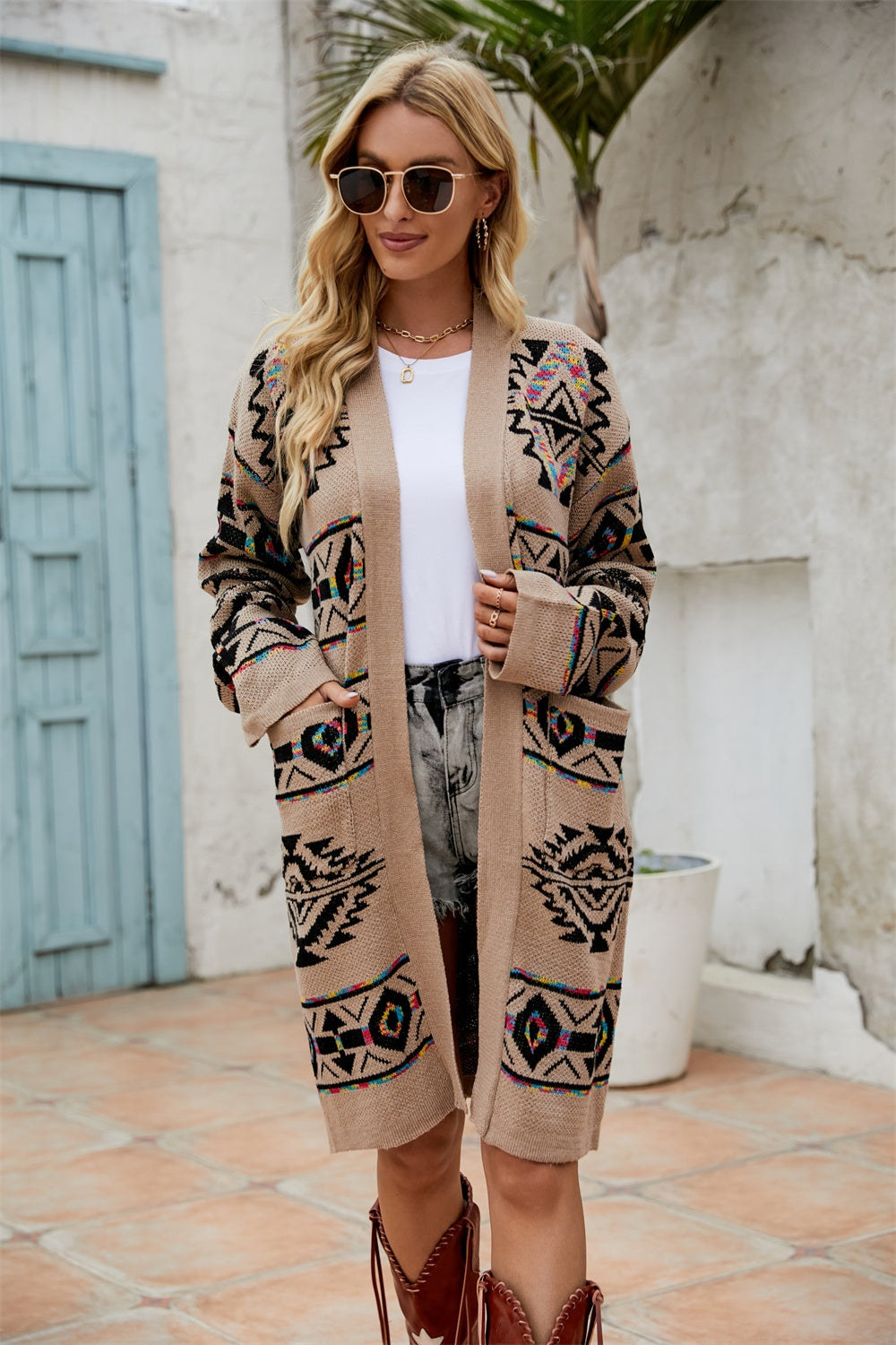 Felindra | Women’s Long Knit Cardigan with Ethnic Pattern – Cosy and Stylish Layer for Everyday Elegance