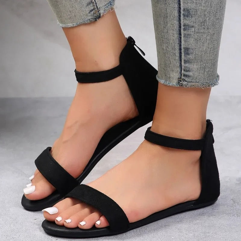 Ella | Women's Flat Ankle Strap Sandals with Back Zip – Elegant & Comfortable Summer Footwear
