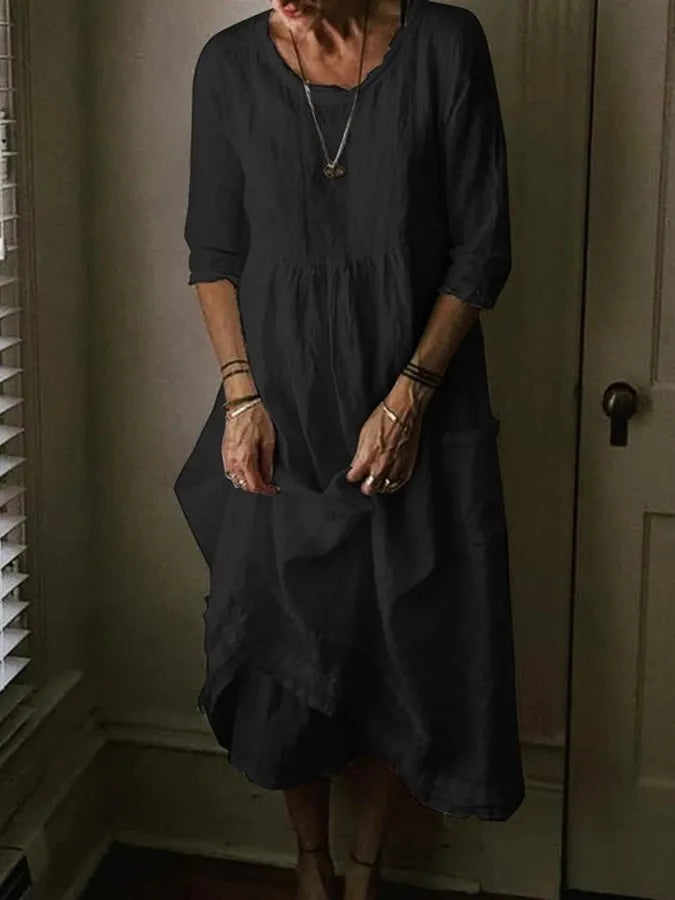 Frankie | Women's Solid Colour Round Neck Half Sleeve Cotton Linen Summer Maxi Dress