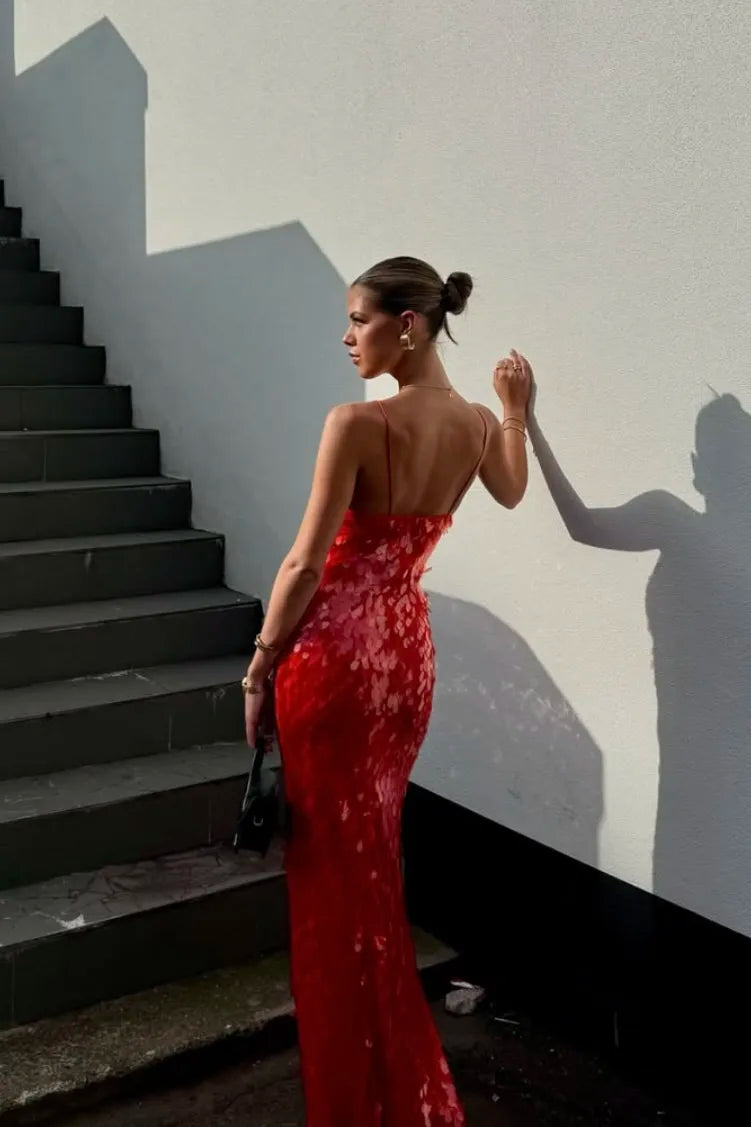 Lara | Women’s Red Sequin Spaghetti Strap Deep V Neck Mermaid Maxi Dress for Special Occasions