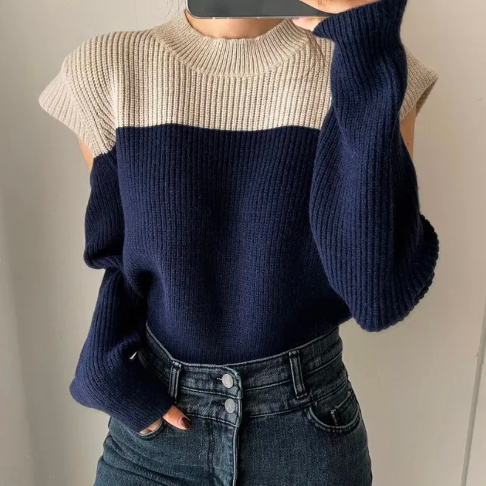 Mallory | Women’s Two-Tone Knitted Sweater with Stylish Cut-Out Sleeves & Round Neck