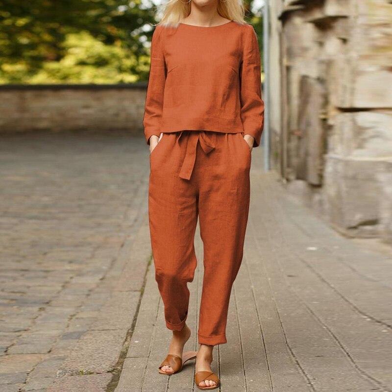 Eden | Women's Comfortable Linen Set | Solid Colour Long Sleeve Blouse with High-Waist Drawstring Belt Pants