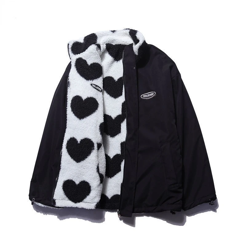 Adelinde | Women's Reversible Fleece Jacket with Heart Pattern, Stand Collar & Full Zip