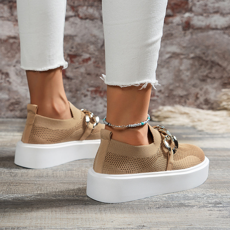 Octavia | Women's Mesh Slip-On Platform Loafers with Gold Chain Detailing – Stylish, Breathable & Comfortable