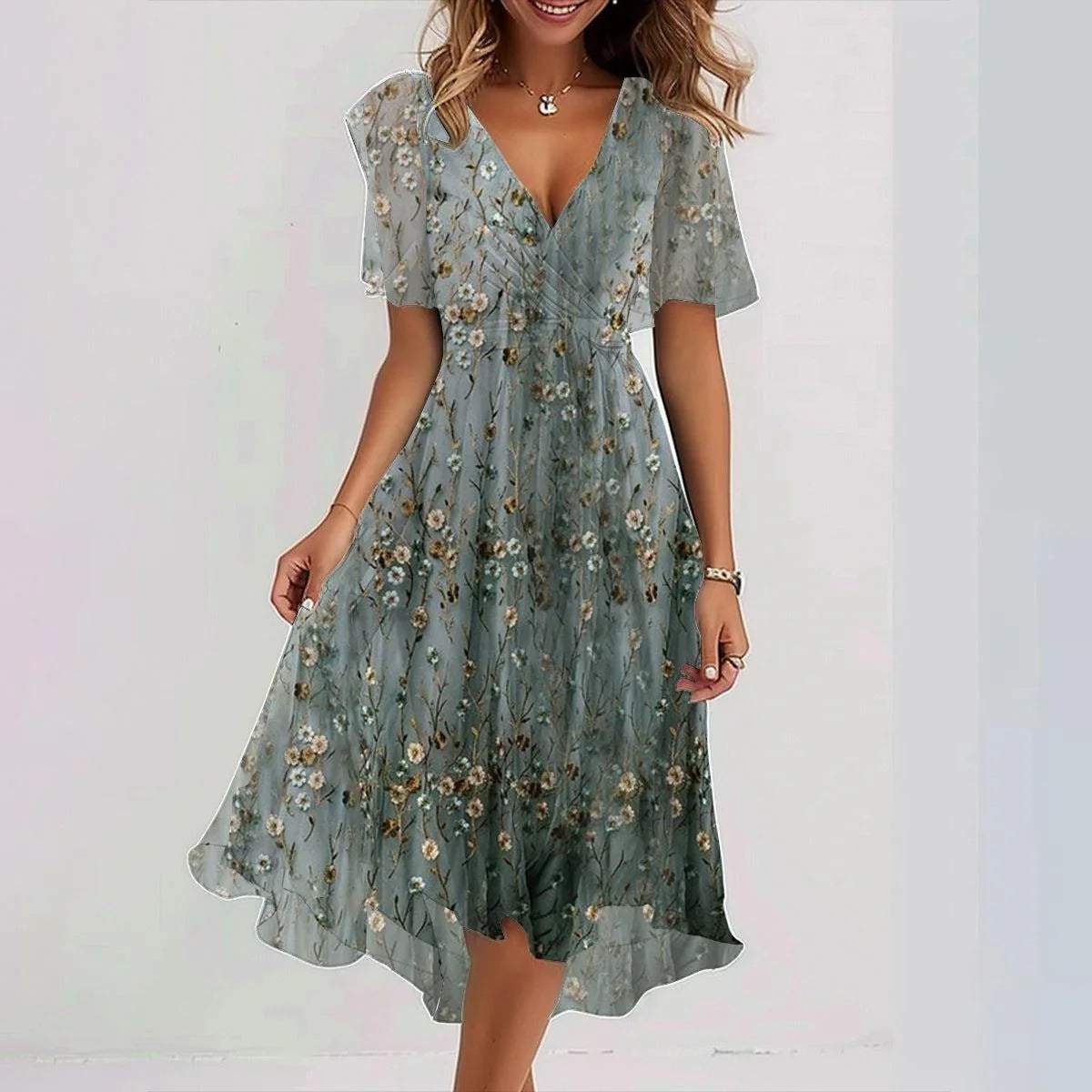 Eliza | Women's Floral Deep V-Neck Cinched Waist Chiffon Midi Dress for Summer