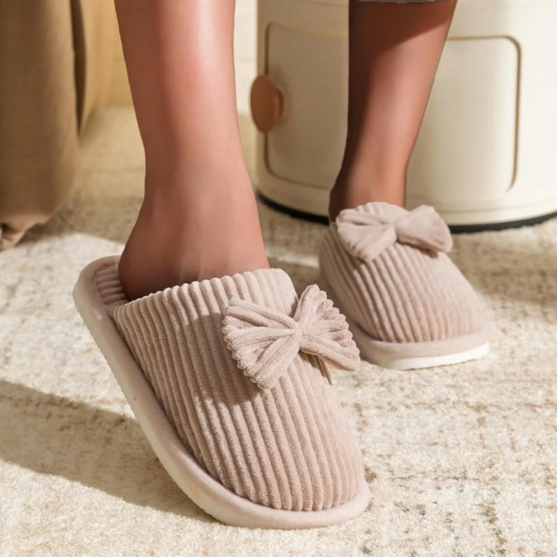 Donna | Women's Lightweight Ribbed Plush House Slippers with Ribbon Decor