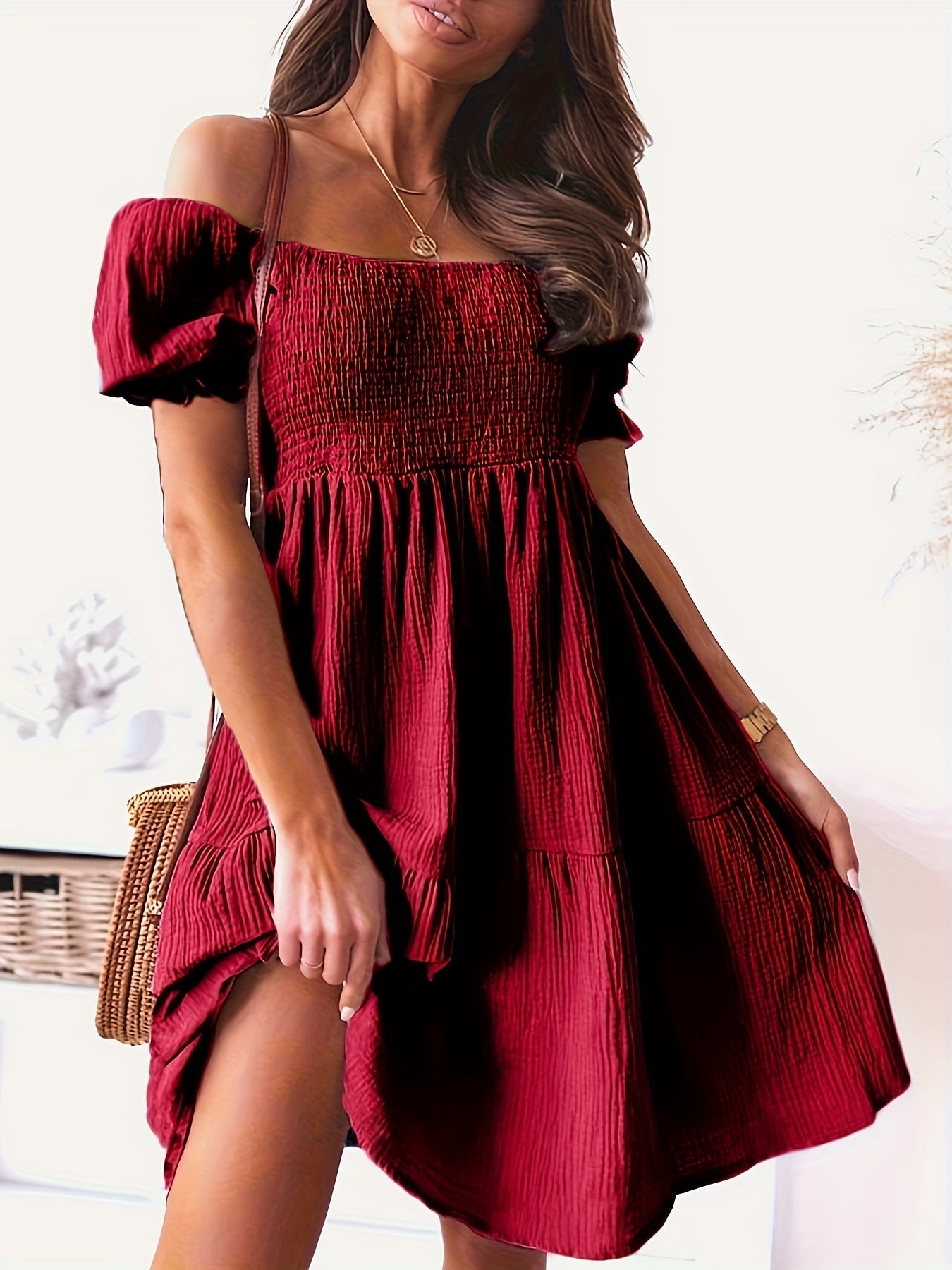 Selene | Women's Off-Shoulder Bohemian Smock Summer Mini Dress in Solid Colour