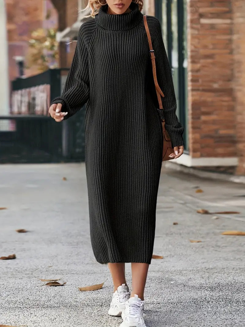 Pixie | Women's Striped Textured Knitted Midi Dress – Elegant High Neck & Long Sleeves