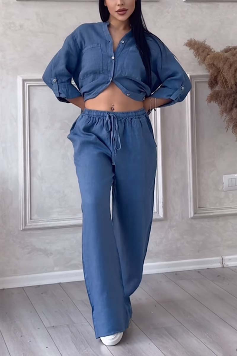 Garnet | Women's Linen Set – Buttoned Long Sleeve Blouse with Chest Pockets & Wide-Leg Trousers