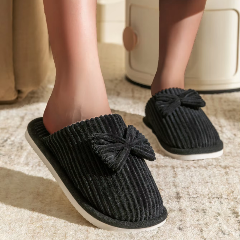 Donna | Women's Lightweight Ribbed Plush House Slippers with Ribbon Decor