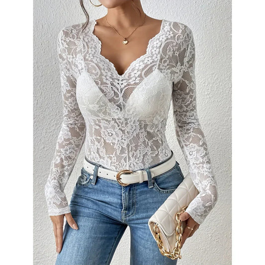 Nolana | Women’s Sheer Floral Lace Blouse with V-Neck and Long Sleeves