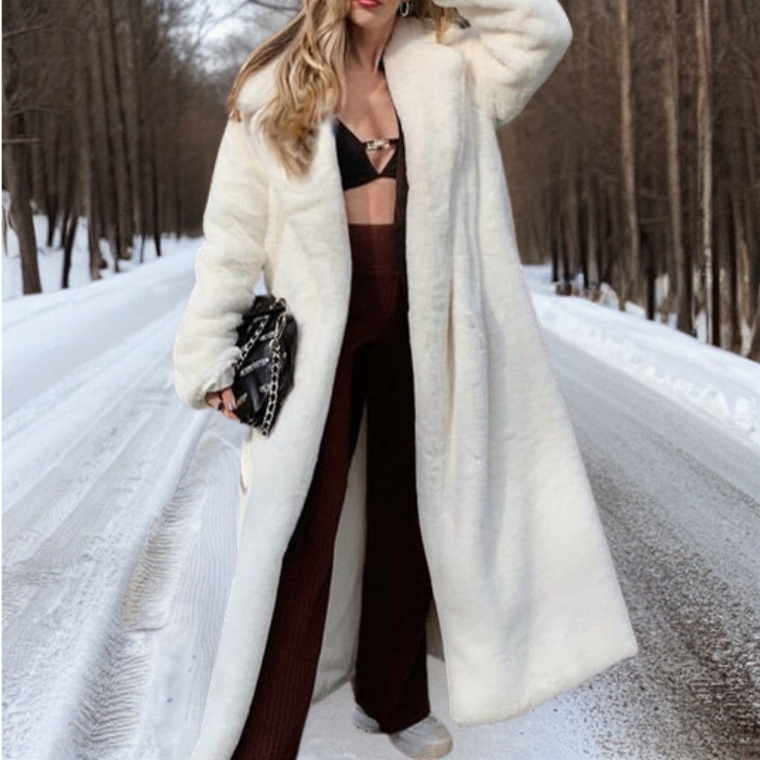 Elke | Women's White Teddy Long Coat with Lapel Collar – Cozy Winter Coat