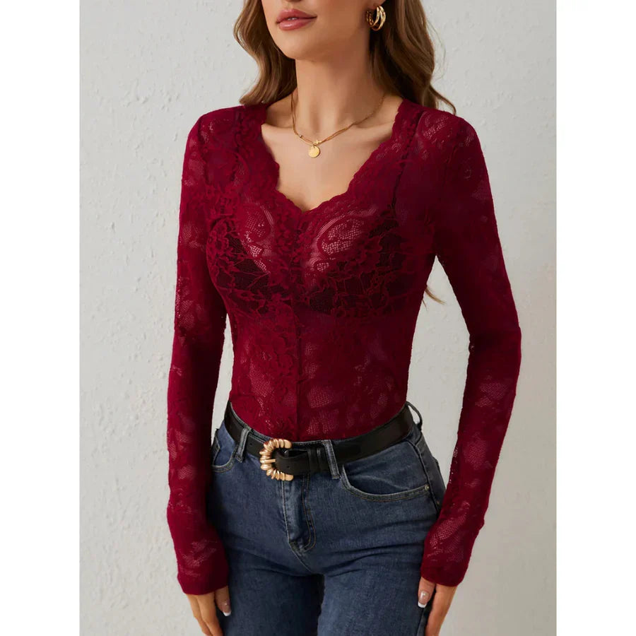 Nolana | Women’s Sheer Floral Lace Blouse with V-Neck and Long Sleeves