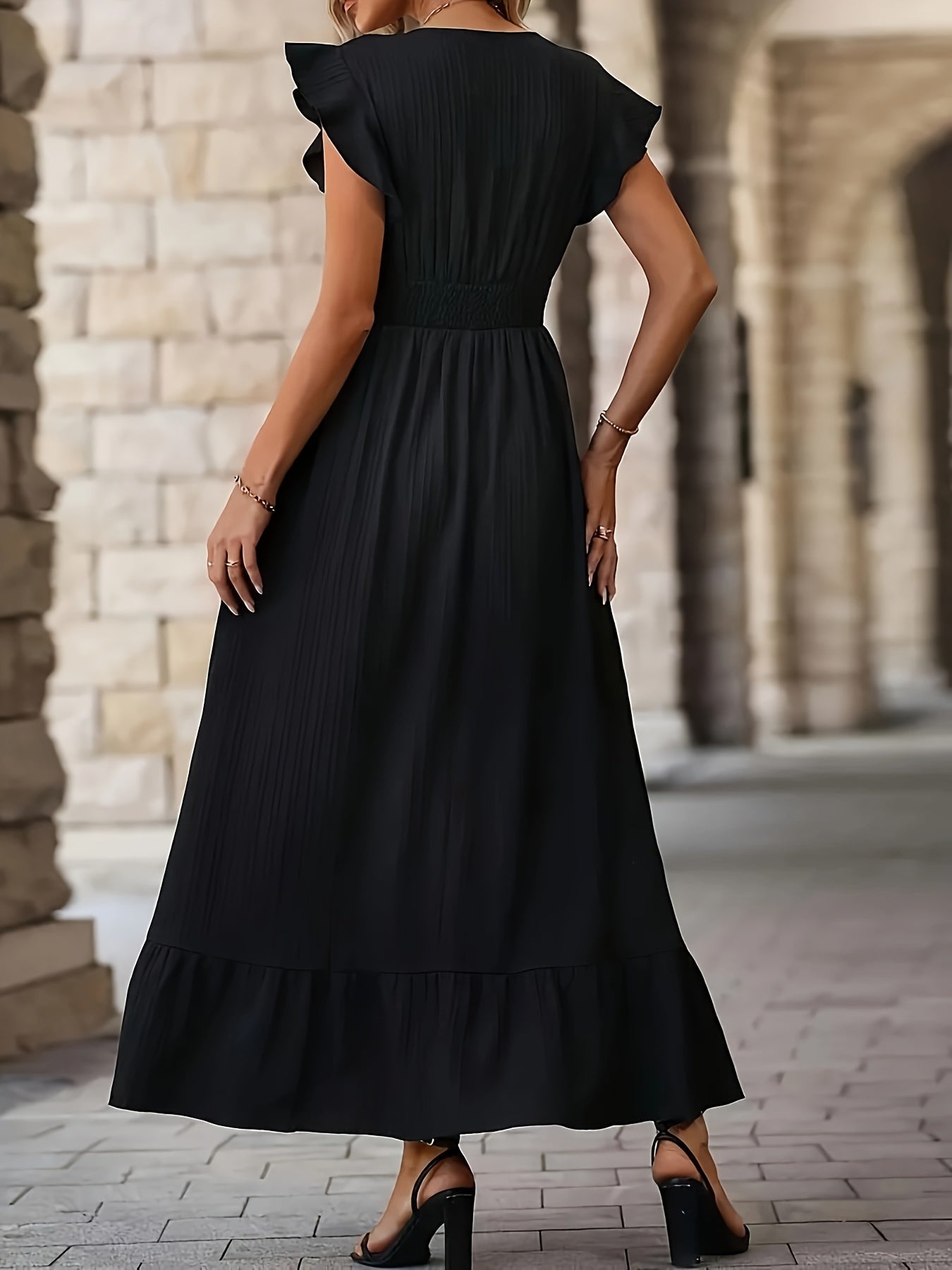Zelda | Women's Ruffled V Neck Maxi Dress with Cinched Waist and Flowy Design